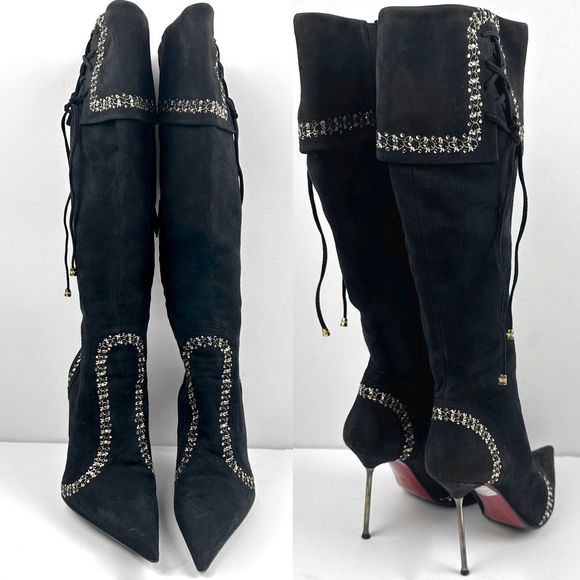 Loriblu Shoes - Loriblu Suede Tall Boots Suede Embroidered Crystal Stiletto Heel Black Size 38.5